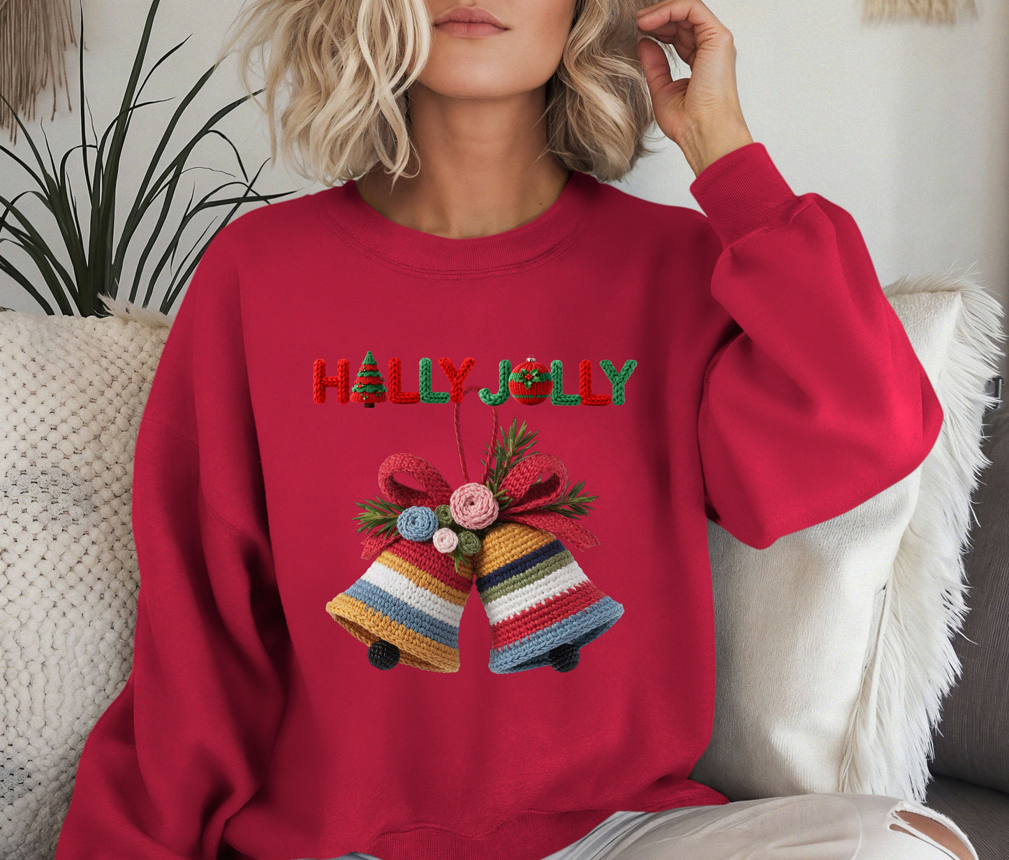 🔔 Holly Jolly Christmas Bells Sweatshirt | Festive Knit-Look Crewneck | Cozy Holiday Sweater | Christmas Gift for Her | Winter Outfit