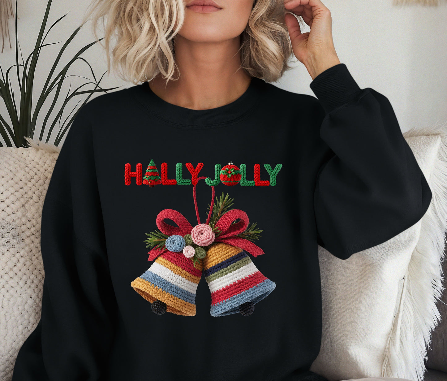 🔔 Holly Jolly Christmas Bells Sweatshirt | Festive Knit-Look Crewneck | Cozy Holiday Sweater | Christmas Gift for Her | Winter Outfit