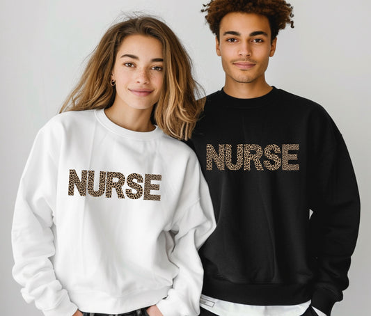 NURSE Sweatshirt – Leopard Print Nurse Crewneck, Cozy Nurse Appreciation Gift, Nursing School Outfit, Medical Staff Pullover Sweater
