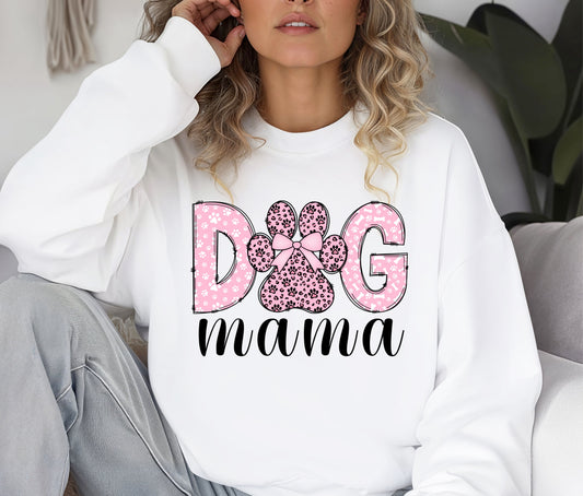 Dog Mama Sweatshirt – Cute Pink Paw Print Graphic | Leopard Print Dog Mom Crewneck | Cozy Gift for Pet Lovers