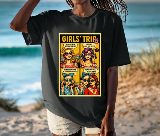 Girls’ Trip Retro Graphic Tee – Fun Travel Shirt for Women, Friends Road Trip Outfit, Vintage Pop Art Girls Vacation Shirt