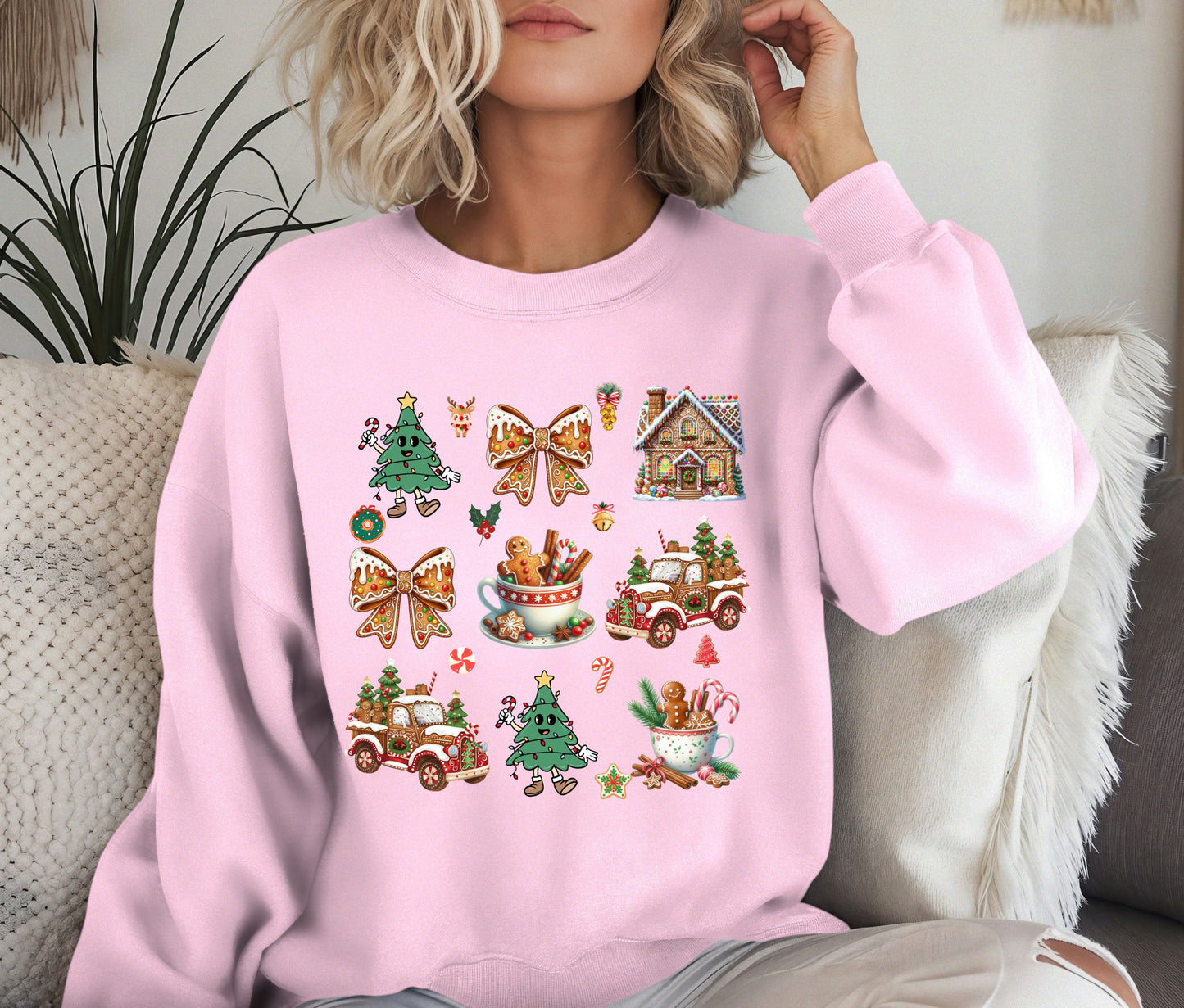 🎄 Gingerbread Christmas Sweatshirt – Cute Holiday Crewneck for Women | Cozy Pink Christmas Pullover | Festive Cookie & Tree Design