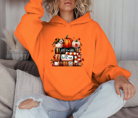 Just a Girl Who Loves Fall Hoodie – Cozy Autumn Pumpkin & Books Sweatshirt – Fall Lover Gift – Unisex Hoodie
