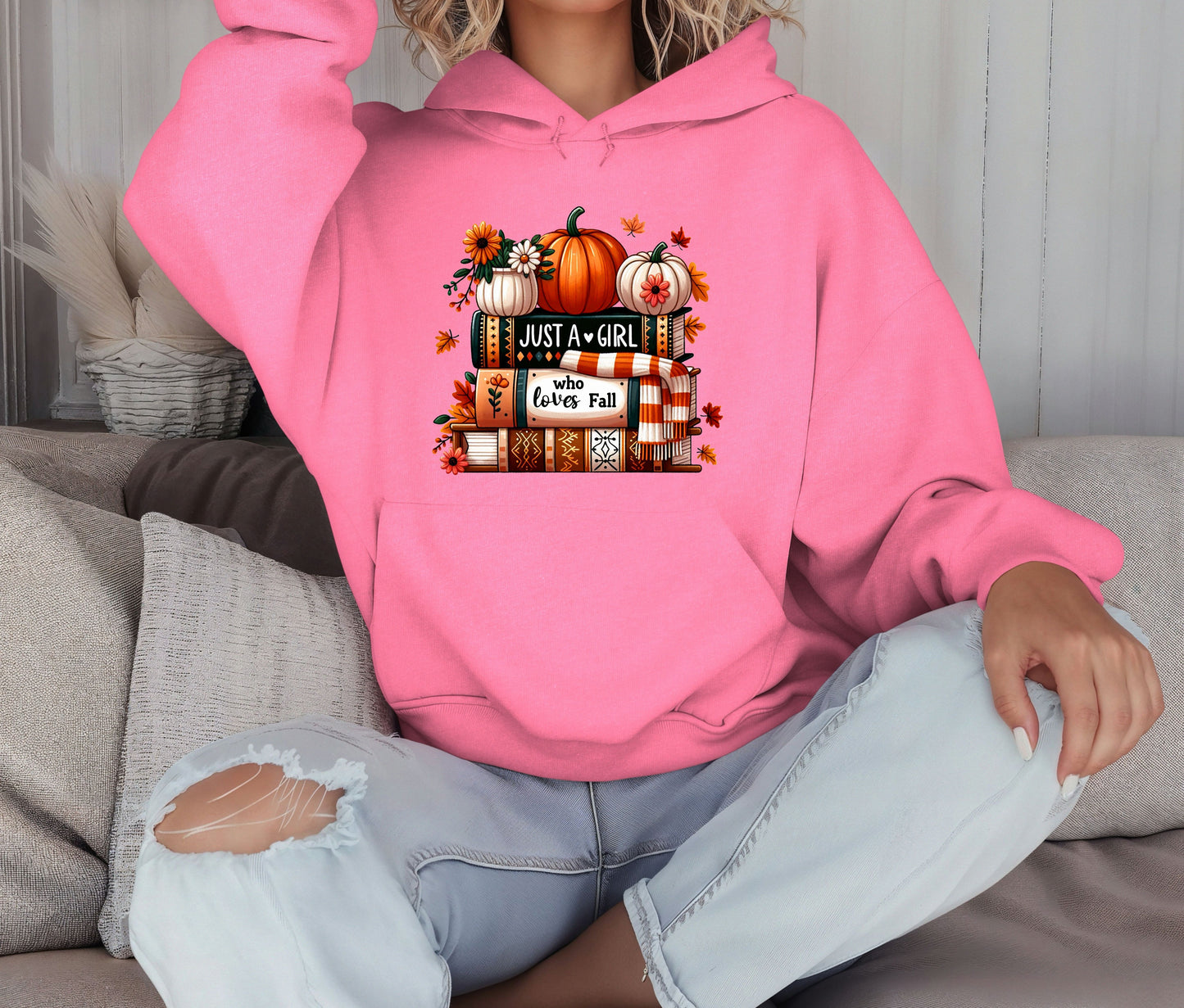 Just a Girl Who Loves Fall Hoodie – Cozy Autumn Pumpkin & Books Sweatshirt – Fall Lover Gift – Unisex Hoodie