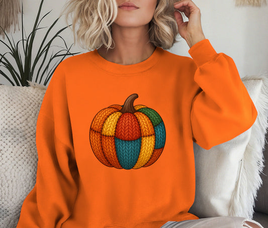 Customizable Faux Knitted Patched Halloween Sweatshirt, Pumpkin Halloween Shirt, Halloween Sweatshirt, Halloween Gift (Copy)