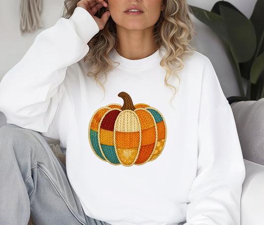 Customizable Faux Knitted Patched Halloween Sweatshirt, Pumpkin Halloween Shirt, Halloween Sweatshirt, Halloween Gift