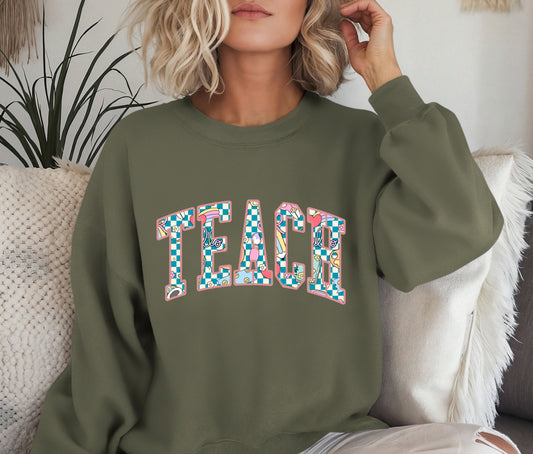 Custom TEACH Teacher Sweatshirt – Cozy Crewneck for Educators, Back to School Teacher Gift, Teacher Appreciation Shirt, Teacher Outfit Pullover