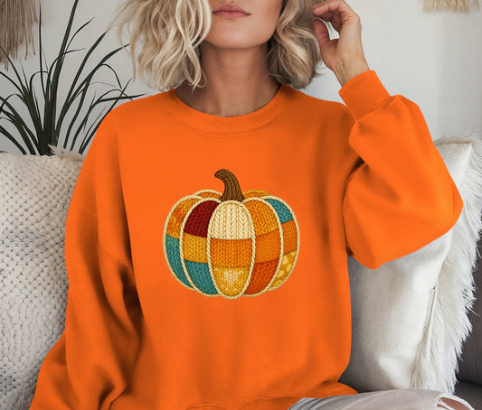 Customizable Faux Knitted Patched Halloween Sweatshirt, Pumpkin Halloween Shirt, Halloween Sweatshirt, Halloween Gift