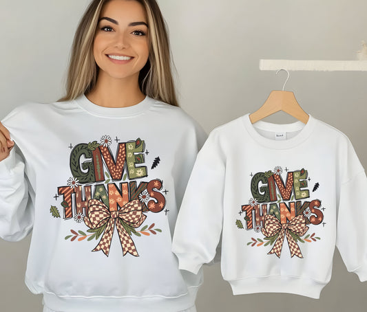 🦃 Thanksgiving Give Thanks Sweatshirt – Matching Fall Outfit for Moms & Kids