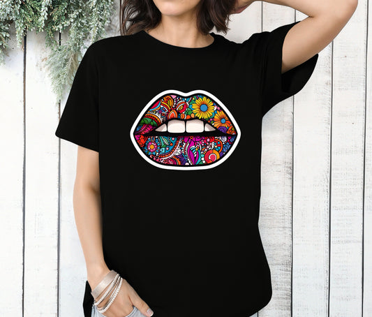 Colorful Boho Lips Graphic T-Shirt – Floral Retro Mouth Tee for Women