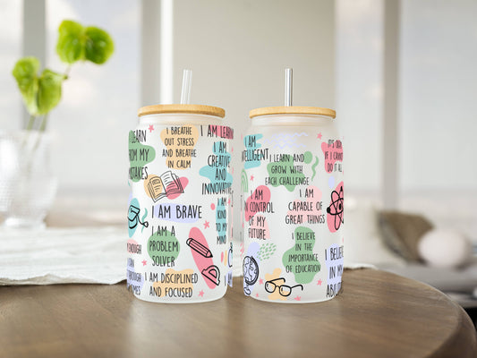 Customizable 16oz Glass Tumbler – Clear or Frosted | Reusable Iced Coffee Cup with Bamboo Lid & Plastic Straw | Aesthetic Cold Drink Cup