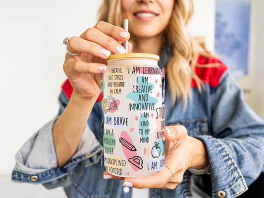 Customizable 16oz Glass Tumbler – Clear or Frosted | Reusable Iced Coffee Cup with Bamboo Lid & Plastic Straw | Aesthetic Cold Drink Cup