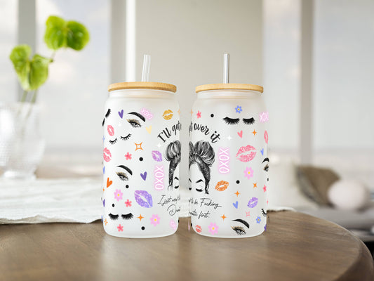 Customizable 16oz Glass Tumbler – Clear or Frosted | Reusable Iced Coffee Cup with Bamboo Lid & Plastic Straw | Aesthetic Cold Drink Cup