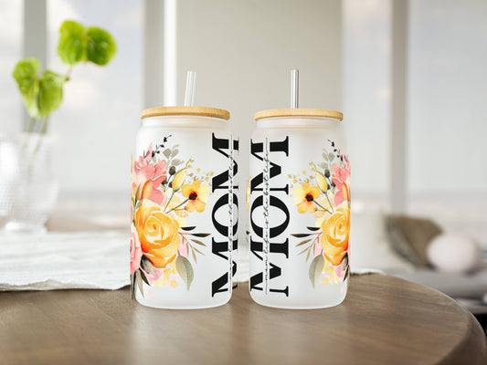 Customizable 16oz Glass Tumbler – Clear or Frosted | Reusable Iced Coffee Cup with Bamboo Lid & Plastic Straw | Aesthetic Cold Drink Cup