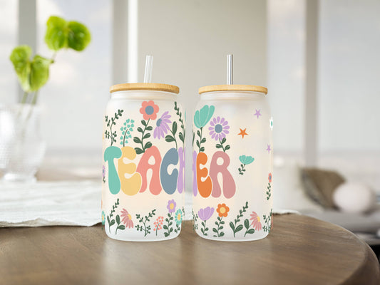 Customizable 16oz Glass Tumbler – Clear or Frosted | Reusable Iced Coffee Cup with Bamboo Lid & Plastic Straw | Aesthetic Cold Drink Cup