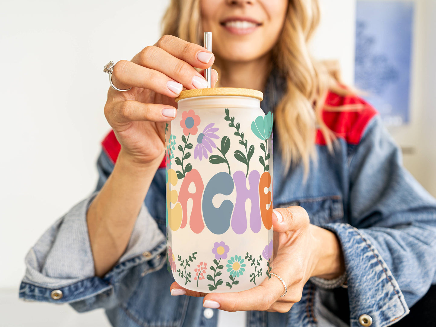 Customizable 16oz Glass Tumbler – Clear or Frosted | Reusable Iced Coffee Cup with Bamboo Lid & Plastic Straw | Aesthetic Cold Drink Cup