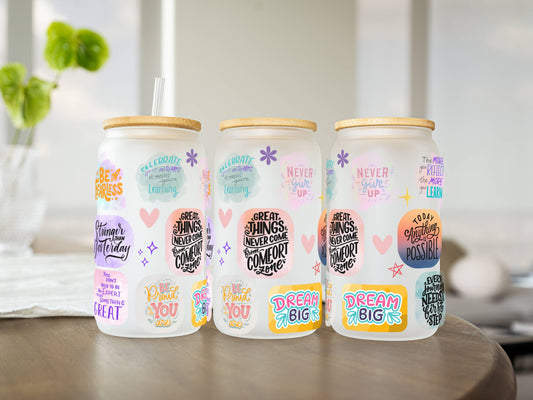 Affirmation 16oz Glass Tumbler – Frosted | Reusable Iced Coffee Cup with Bamboo Lid & Plastic Straw | Aesthetic Cold Drink Cup