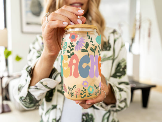 Customizable 16oz Glass Tumbler – Clear or Frosted | Reusable Iced Coffee Cup with Bamboo Lid & Plastic Straw | Aesthetic Cold Drink Cup