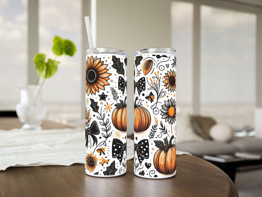 20oz Fall Pumpkin Tumbler – Autumn Floral Stainless Steel Cup | Optional Name Personalization | Halloween, Thanksgiving, Gift for Her