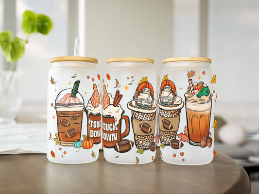 Touch Down 16oz Glass Tumbler – Frosted | Reusable Iced Coffee Cup with Bamboo Lid & Plastic Straw | Aesthetic Cold Drink Cup