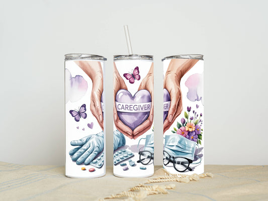 20 oz Caregiver Stainless Steel Tumbler – Insulated Travel Mug with Lid & Straw | Customizable | Hot & Cold Drinkware | Gift for Him, Her, or Kids